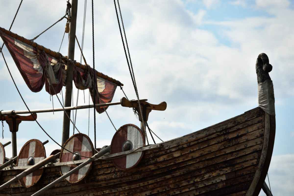 Traditional viking ship made of wood A replica of a drakkar Viking ship
