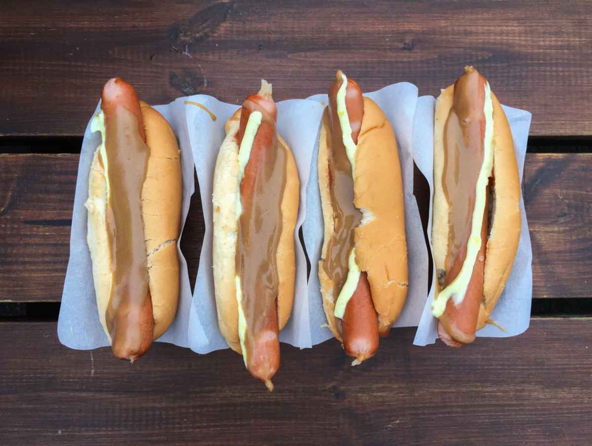 Traditional Icelandic hot dogs Icelandic hot dogs with traditional brown mustard and remoulade sauce