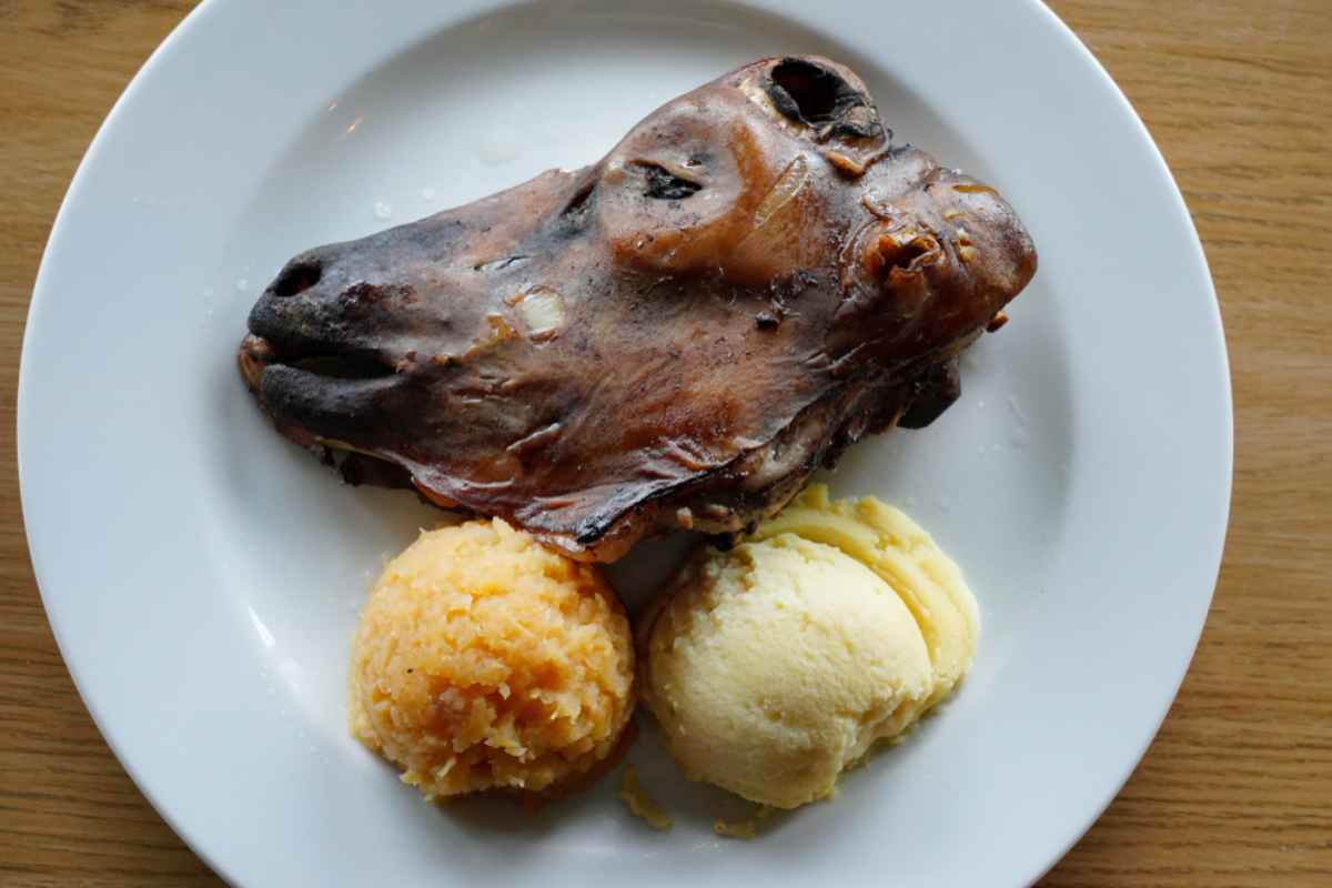 Traditional Icelandic boiled lamb Svid: head of a lamb boiled and served with mashed potatoes