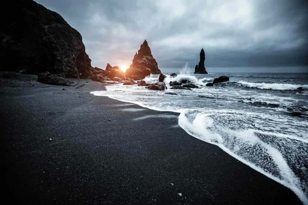 Black sand beach in South Iceland at dusk