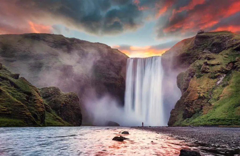 Beautiful Skogafoss waterfall at dusk