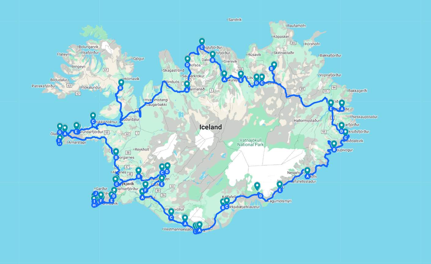 Map of the Ring Road in Iceland with several stops around it