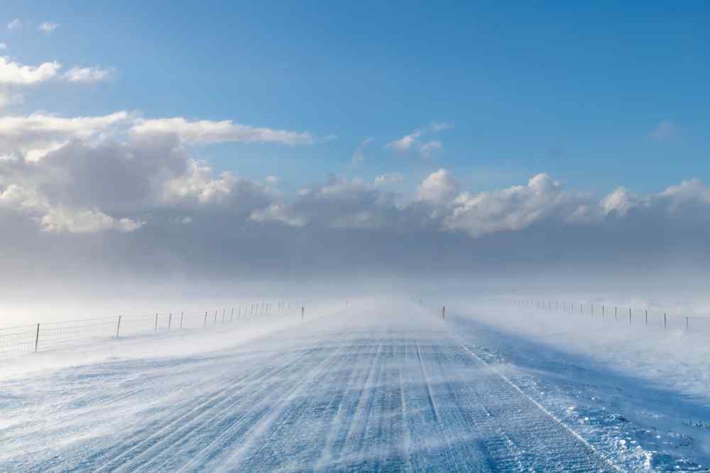 Strong winds in Iceland Snow blowing across an icy road in Iceland during strong winter winds.