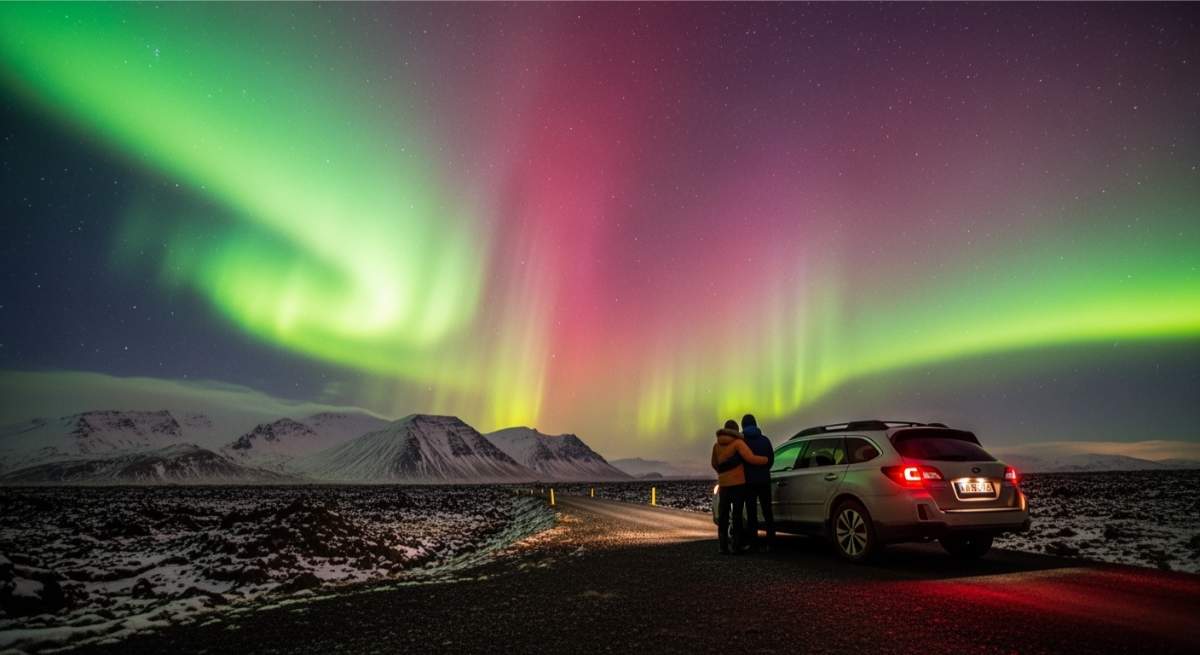 Best 4x4 vehicles for a winter trip in Iceland Couple standing right by a 4x4 Dacia Duster with the Northern Lights on top