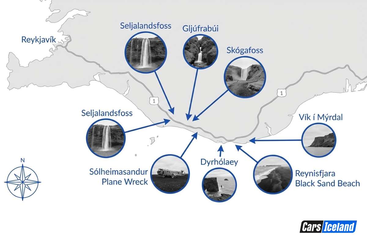 map of Iceland highlighting the best stops for a first day of driving