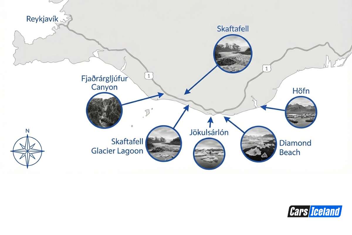 Map of Iceland with the best stops on the South Coast