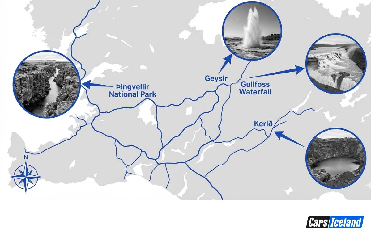 Map of Iceland showing the main highlights in the Golden Circle