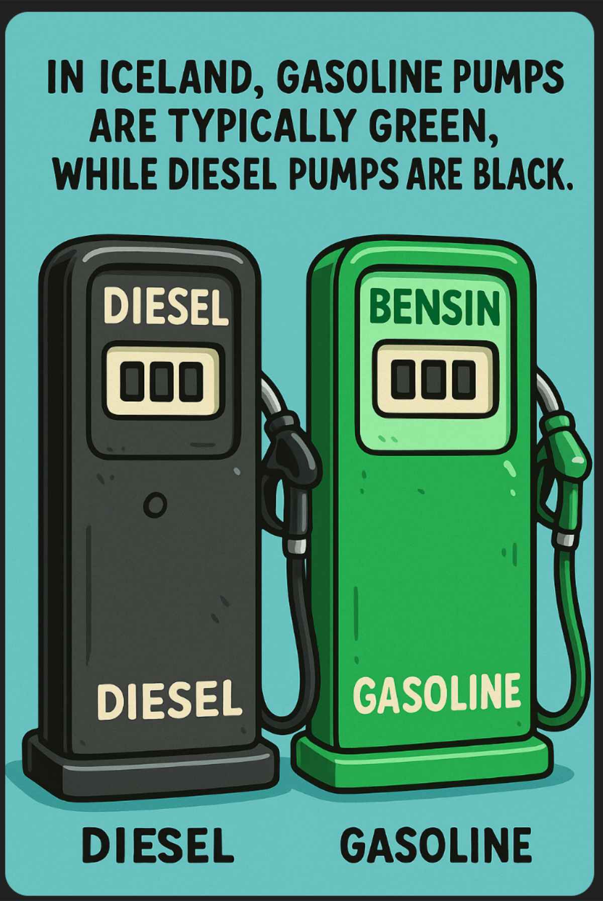 Two pump stations showing the difference in color for diesel vs gasoline