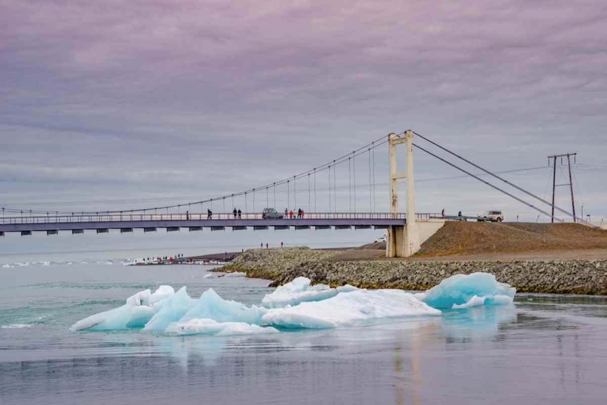 Glacier activities in Iceland Bridge over Jokulsarlon Glacier Lagoon in Iceland with floating icebergs in the water below