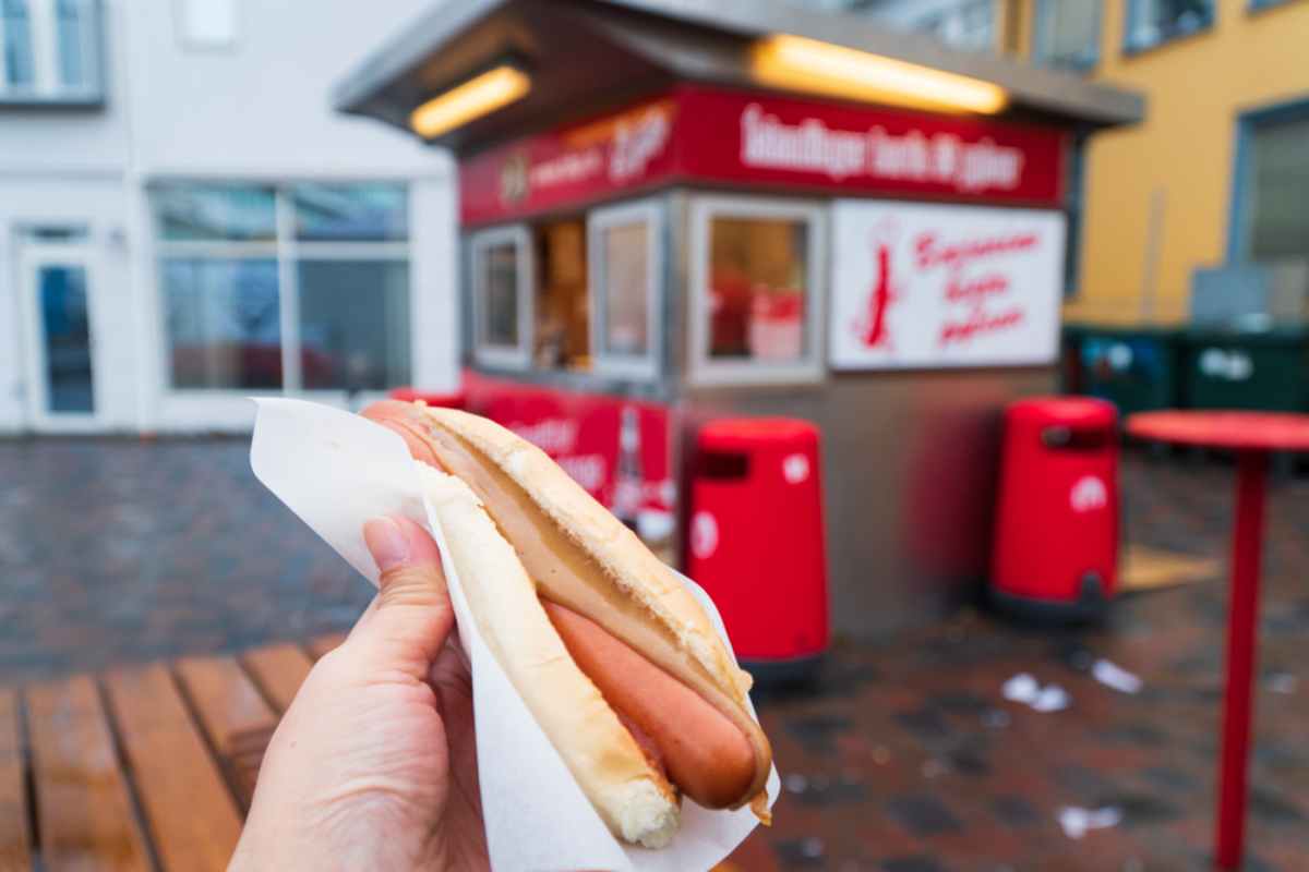 Isl&auml;ndischer Hot Dog mit braunem Senf in Reykjavik