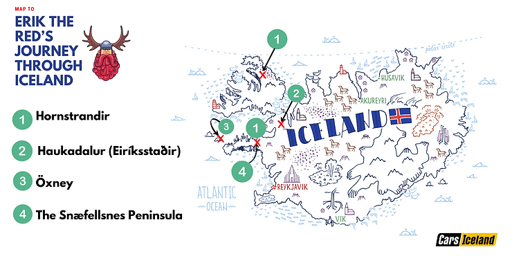 Map to Erik the Red's Journey Through Iceland Illustrated map of Iceland highlighting key locations from Erik the Red's journey: Hornstrandir, Haukadalur (Eiriksstadir), Oxney, and the Snæfellsnes Peninsula. The map features whimsical drawings and landmarks.