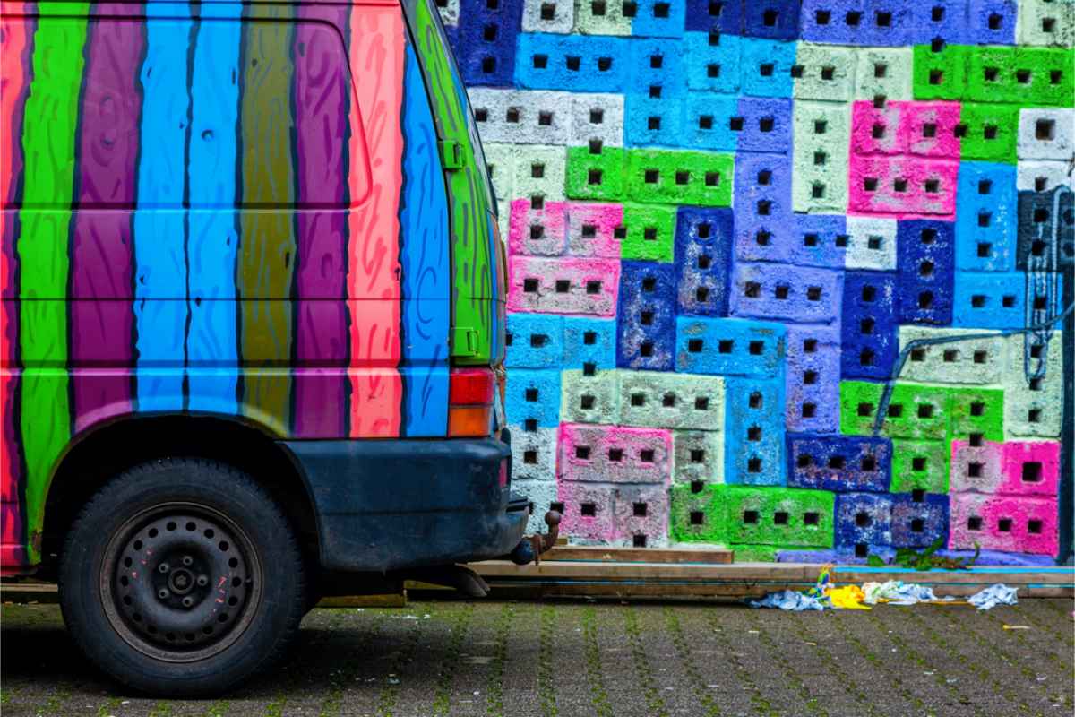 Reykjavik graffiti with a camper painted in a tetris like themed