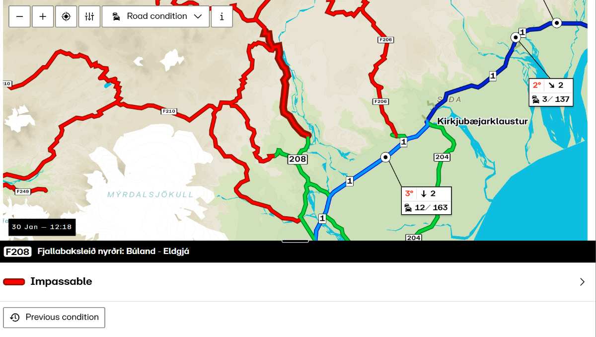 Map showing the current conditions of Iceland&acute;s F208