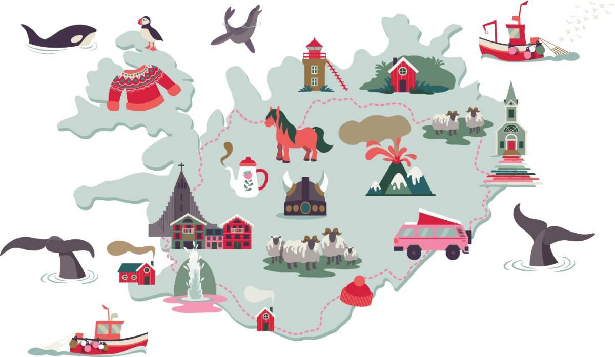 Map of Iceland with several attractions on the map