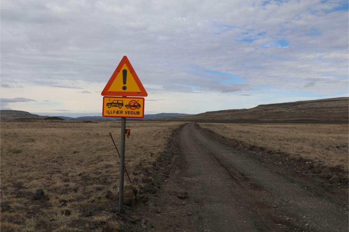 Warning sign marking an F-road in Iceland, accessible only to 4x4 vehicles