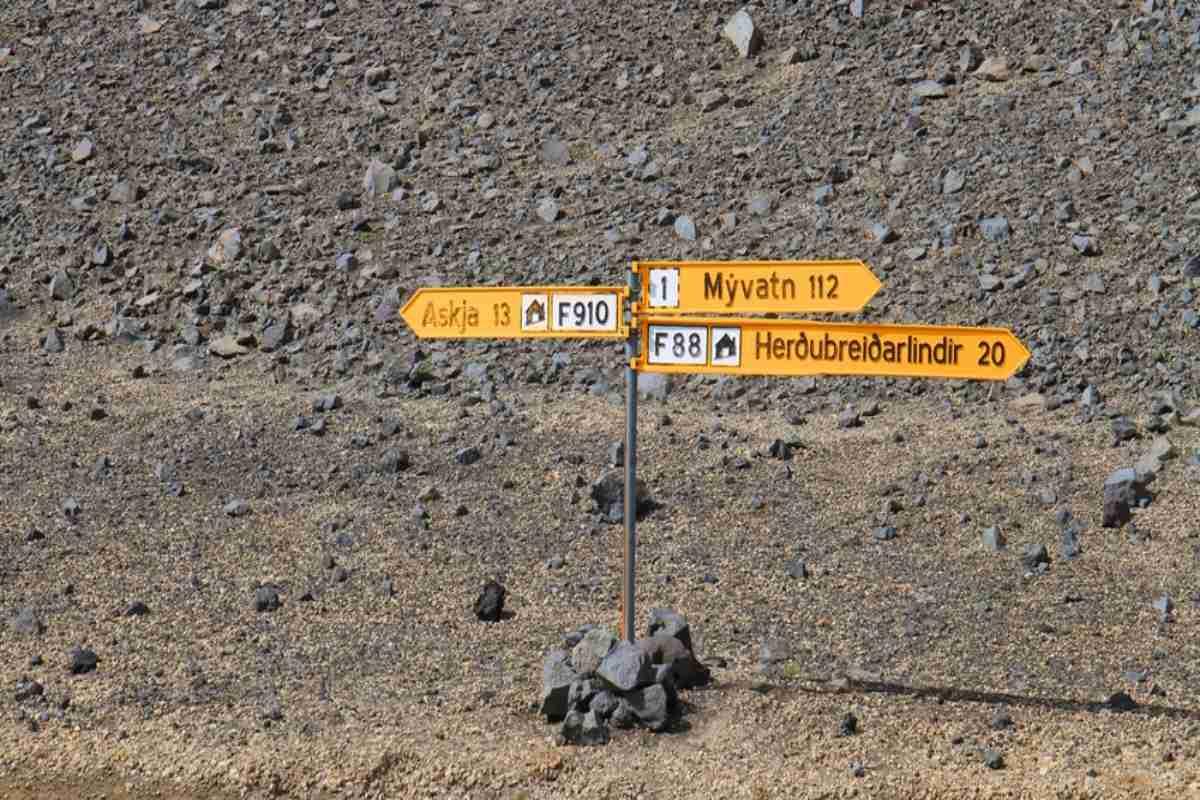 Road signs in Iceland's Highlands Road signs pointing toward Askja, Mývatn, and Herðubreiðarlindir in Iceland’s rocky Highlands