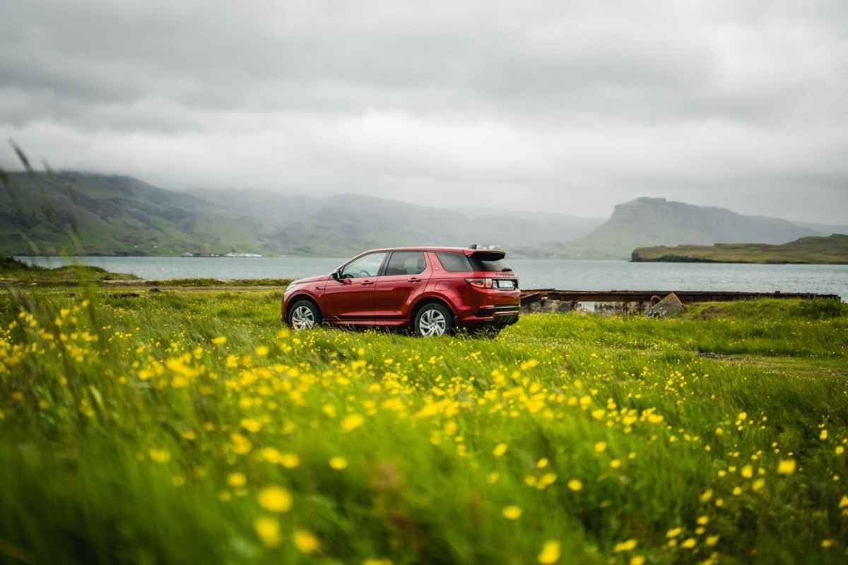 4x4 parked in an Icelandic landscape Red SUV parked in a green field of wildflowers near the coast in Iceland