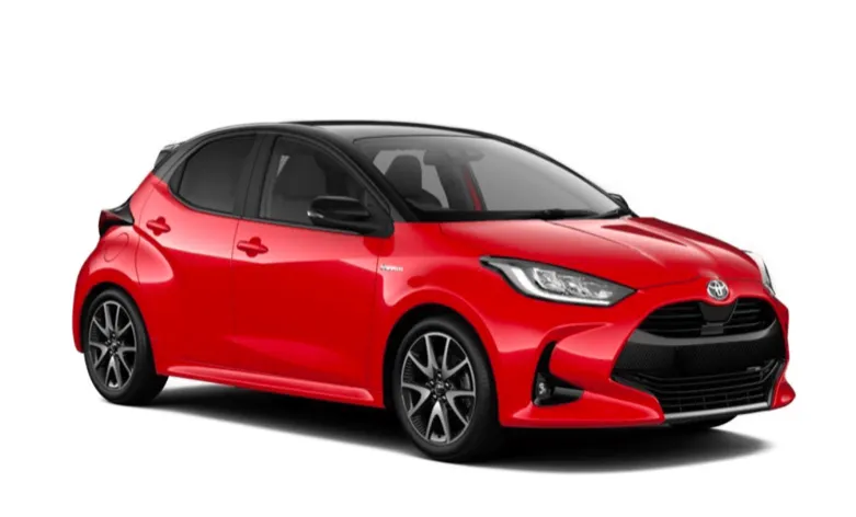 Red Toyota Yaris hybrid with automatic transmission, 5 seats, GPS, reverse camera, and 2-luggage capacity, ideal for Iceland travel.