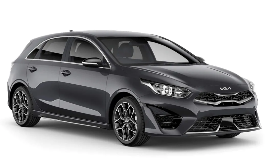 Dark grey Kia Cee’d manual hatchback with GPS, reverse camera, and heated seats, perfect for 5 passengers and 3 luggage in Iceland.