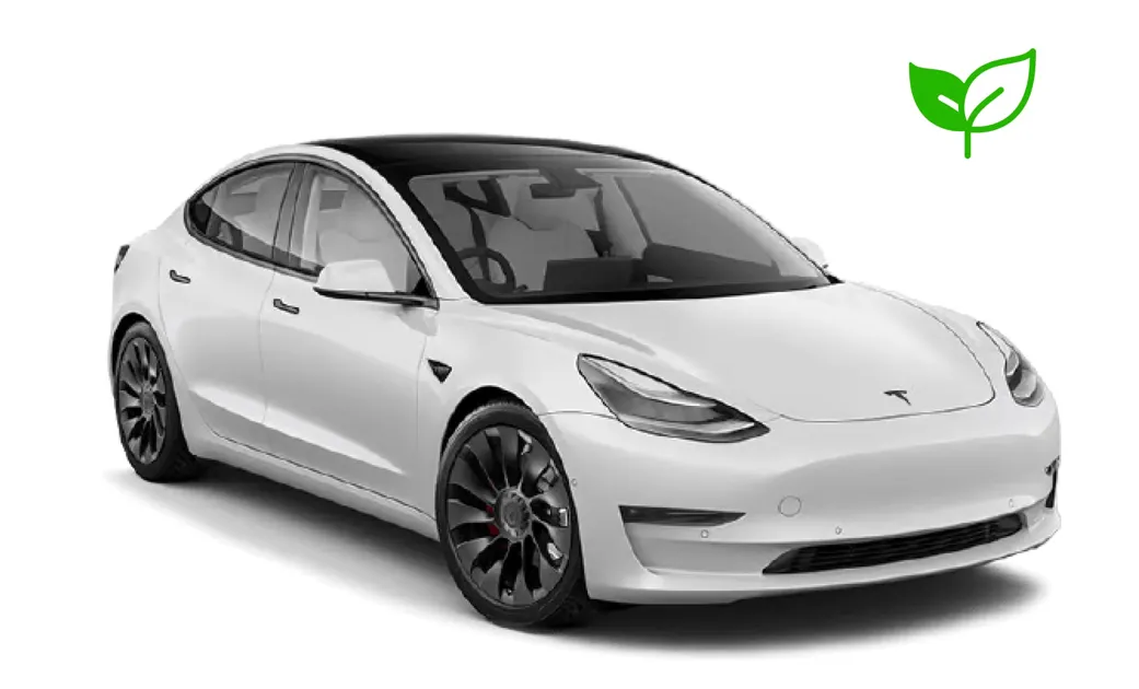 White Tesla Model 3 electric sedan with automatic transmission, GPS, reverse camera, heated seats, and space for 5 passengers in Iceland.