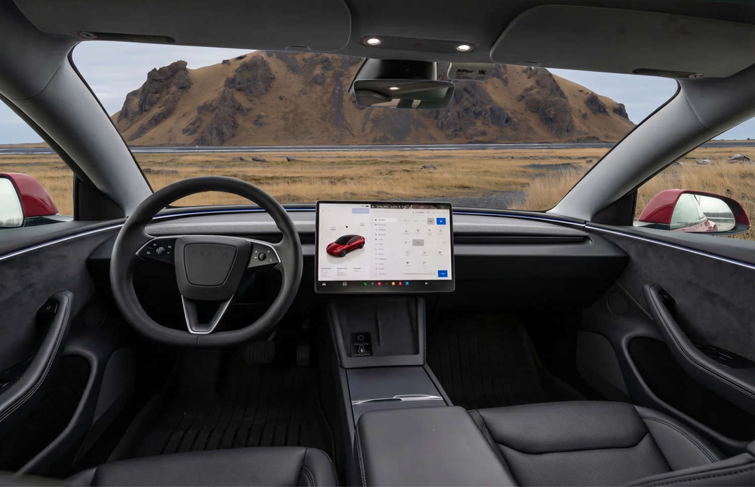 White Tesla Model 3 electric sedan with automatic transmission, GPS, reverse camera, heated seats, and space for 5 passengers in Iceland.