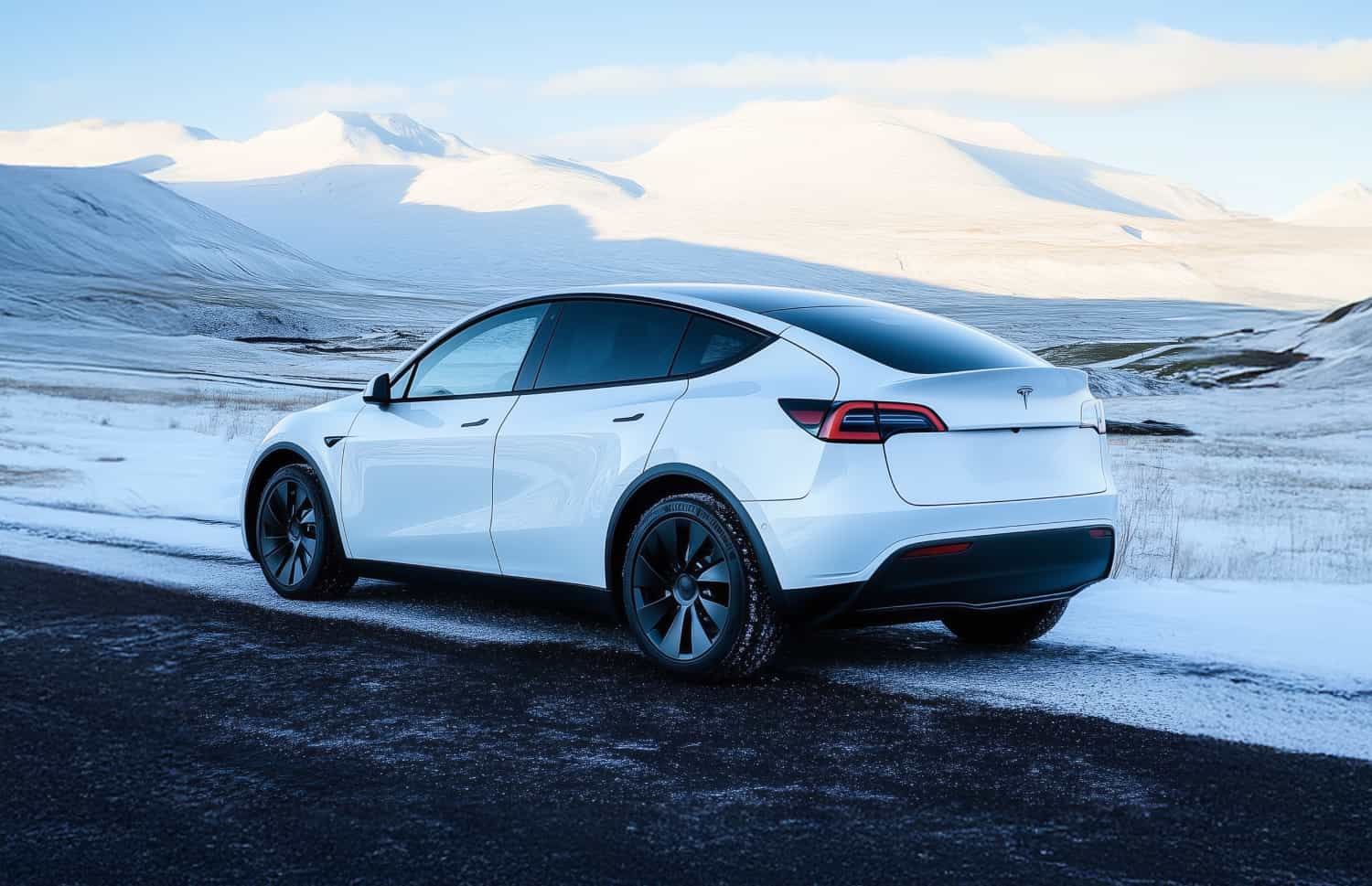 Tesla Model Y bleu, SUV électrique avec boîte automatique, GPS, caméra de recul, sièges chauffants et espace pour 5 passagers et 2 bagages en Islande.