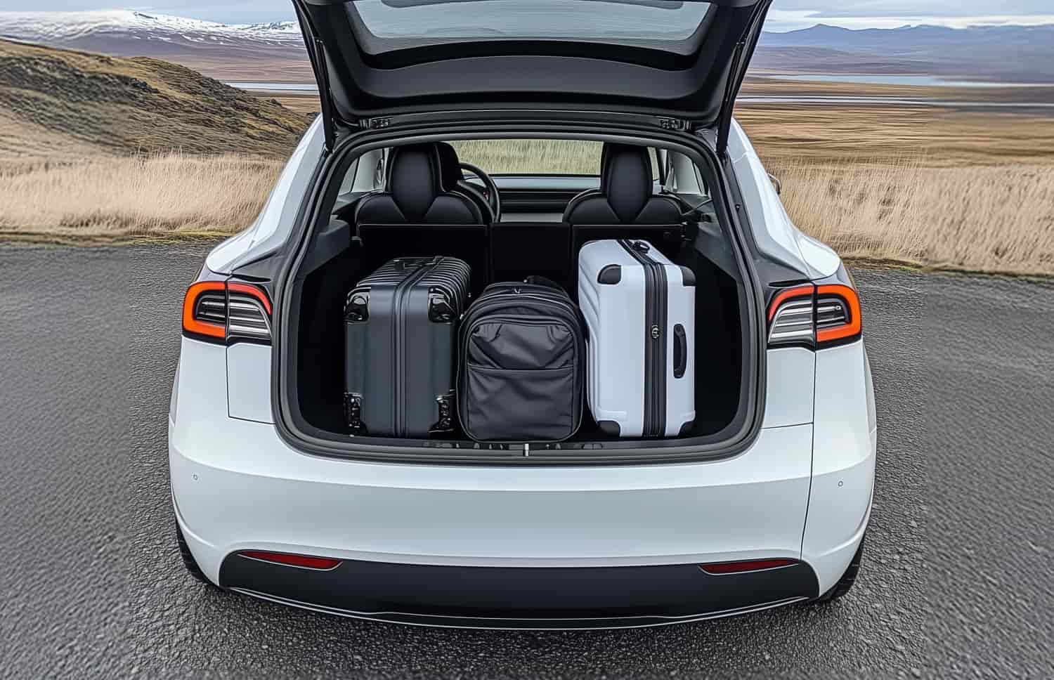 Tesla Model Y bleu, SUV électrique avec boîte automatique, GPS, caméra de recul, sièges chauffants et espace pour 5 passagers et 2 bagages en Islande.