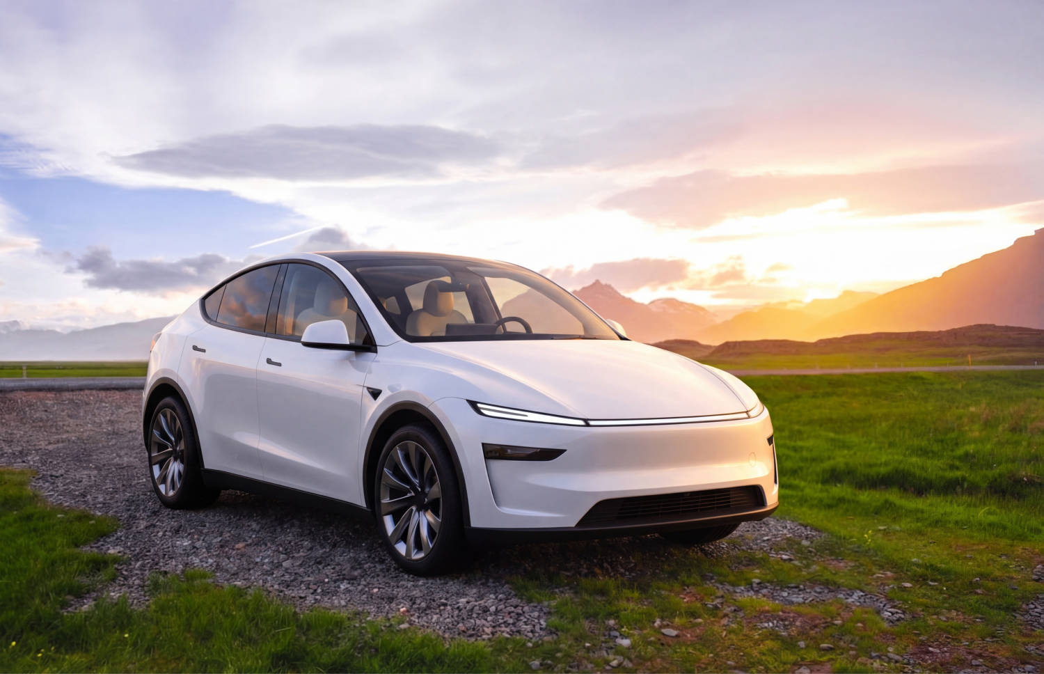 Blue Tesla Model Y electric SUV with automatic transmission, GPS, reverse camera, heated seats, and room for 5 passengers and 2 luggage in Iceland.