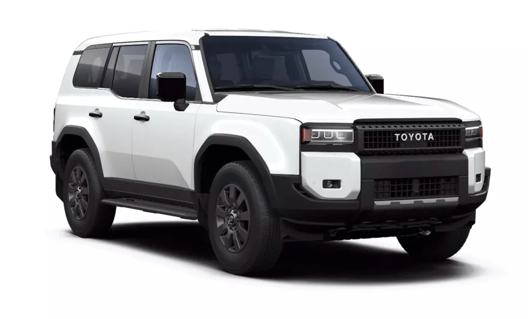 White Toyota Land Cruiser 250 4WD SUV with automatic transmission, 7 seats, USB charger, Bluetooth, and heated seats, perfect for Iceland off-road adventures.
