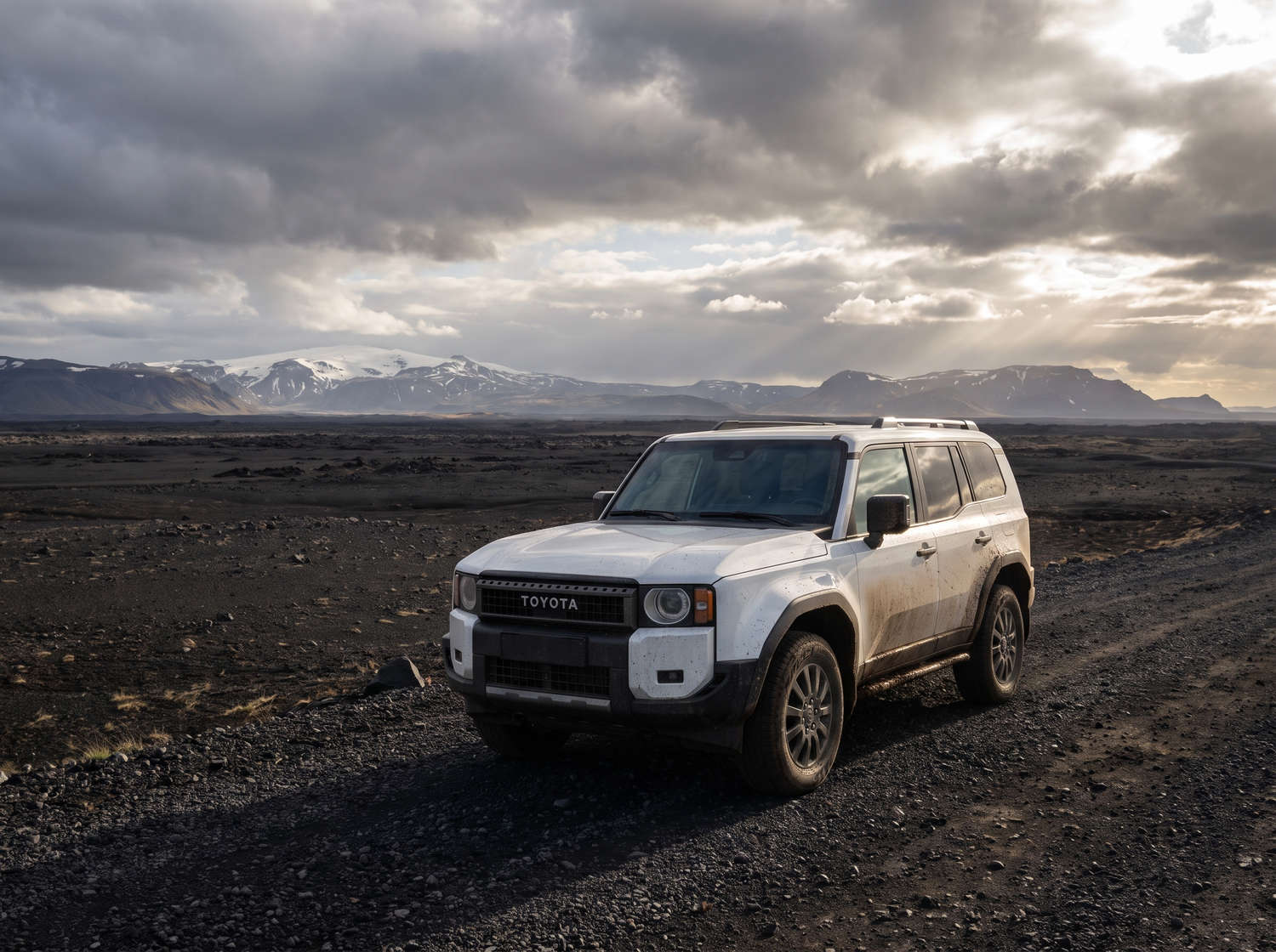 White Toyota Land Cruiser 250 4WD SUV with automatic transmission, 7 seats, USB charger, Bluetooth, and heated seats, perfect for Iceland off-road adventures.
