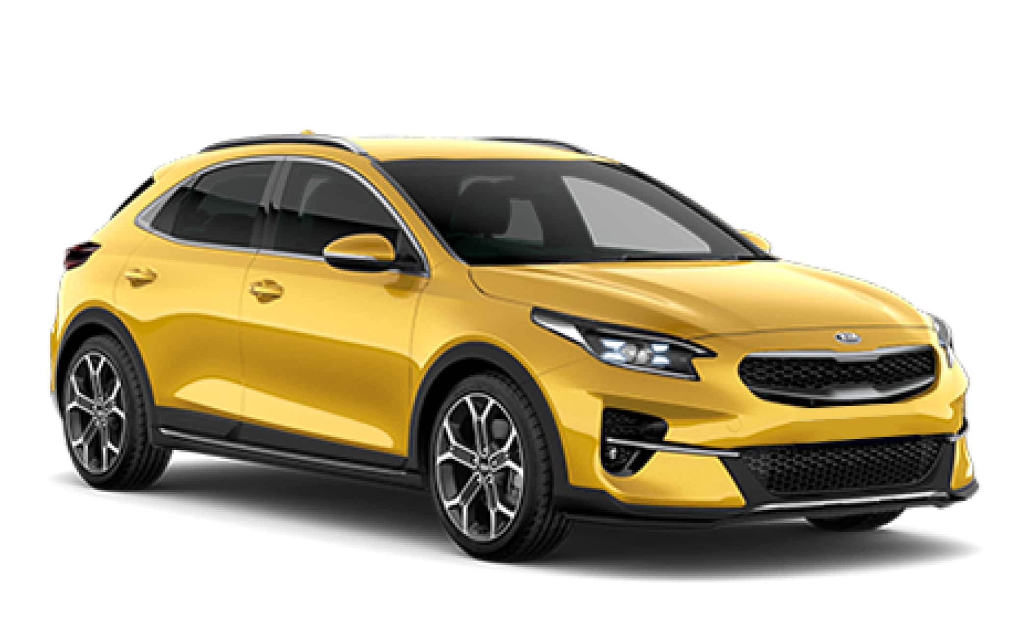 Leuchtend gelber Kia XCeed Automatik-Crossover mit GPS, Rückfahrkamera und Sitzheizung; Platz für 5 Personen und 2 Gepäckstücke – ideal für Reisen in Island.
