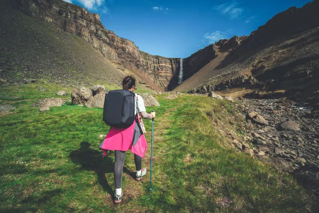 Un excursionista con una gran mochila y bastones de trekking caminando hacia la cascada Hengifoss en Islandia. El camino está rodeado de hierba verde exuberante, que contrasta con el terreno rocoso y las paredes del cañón que se elevan. La cascada cae por el acantilado a lo lejos, bajo un cielo azul brillante con algunas nubes dispersas.