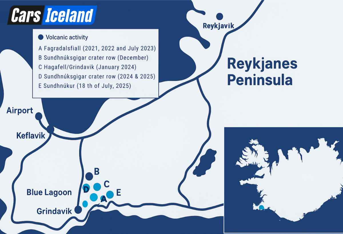 Mapa de las últimas erupciones volcánicas en Islandia