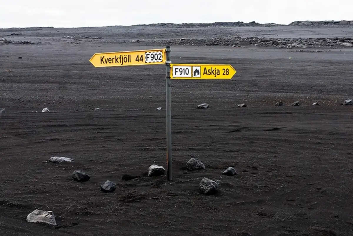 Routes F en Islande Panneaux de signalisation jaunes indiquant les directions vers Kverkfjöll et Askja dans un désert volcanique noir en Islande.