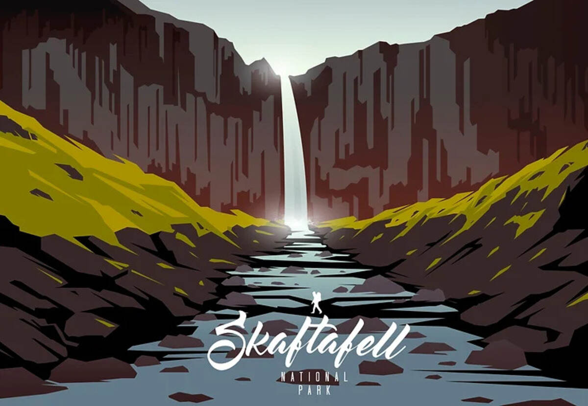Illustration artistique de la cascade Svartifoss entourée de falaises abruptes et d'une rivière en Islande.