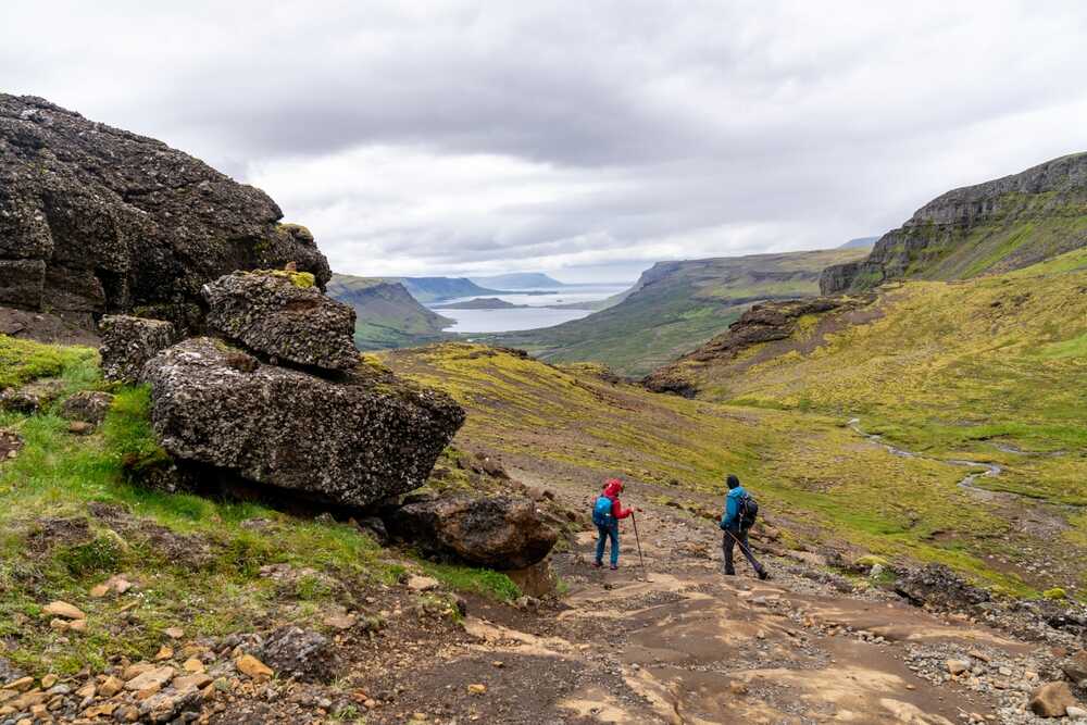 Deux randonneurs marchant sur un sentier montagneux avec une vue panoramique sur un fjord entouré de collines verdoyantes sous un ciel couvert.