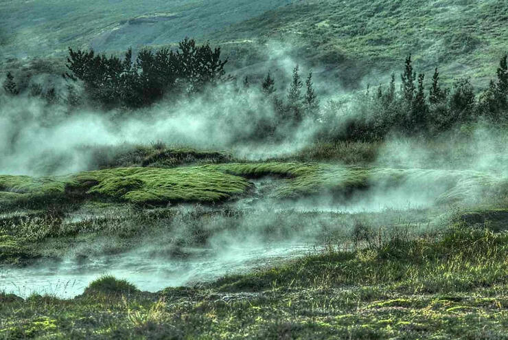 Paesaggio islandese con sorgenti termali fumanti in mezzo a una vegetazione verdeggiante e uno sfondo montuoso.