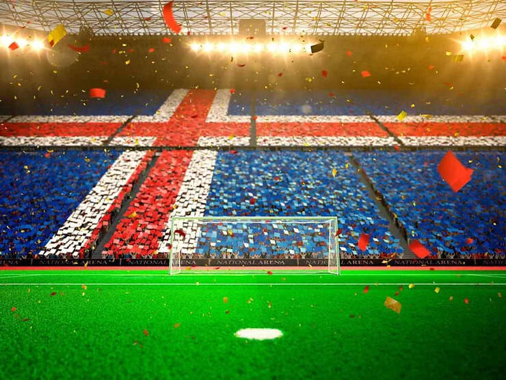 Uno stadio pieno di tifosi, con le tribune che formano la bandiera islandese. In primo piano c'è un campo da calcio, mentre coriandoli colorati cadono dall'alto.