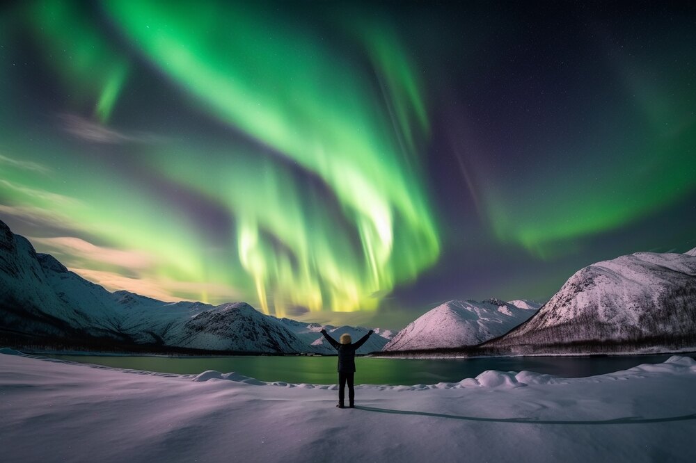 Aurora boreale Una persona in piedi su una distesa innevata al chiaro di luna, con le braccia sollevate verso il cielo. Il cielo notturno è illuminato da spettacolari aurore boreali verdi che danzano sopra montagne innevate.