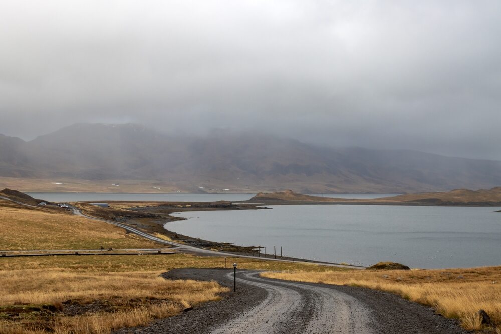 Una strada sterrata si snoda in mezzo a un paesaggio islandese, con un lago calmo e colline avvolte da una leggera nebbia sullo sfondo.