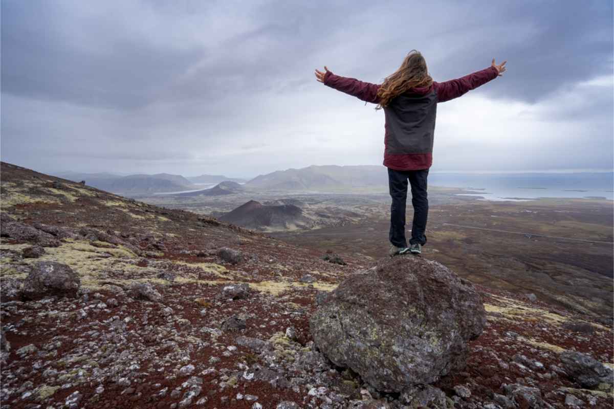 Viaggiatrice solitaria che si gode la bellezza del paesaggio islandese
