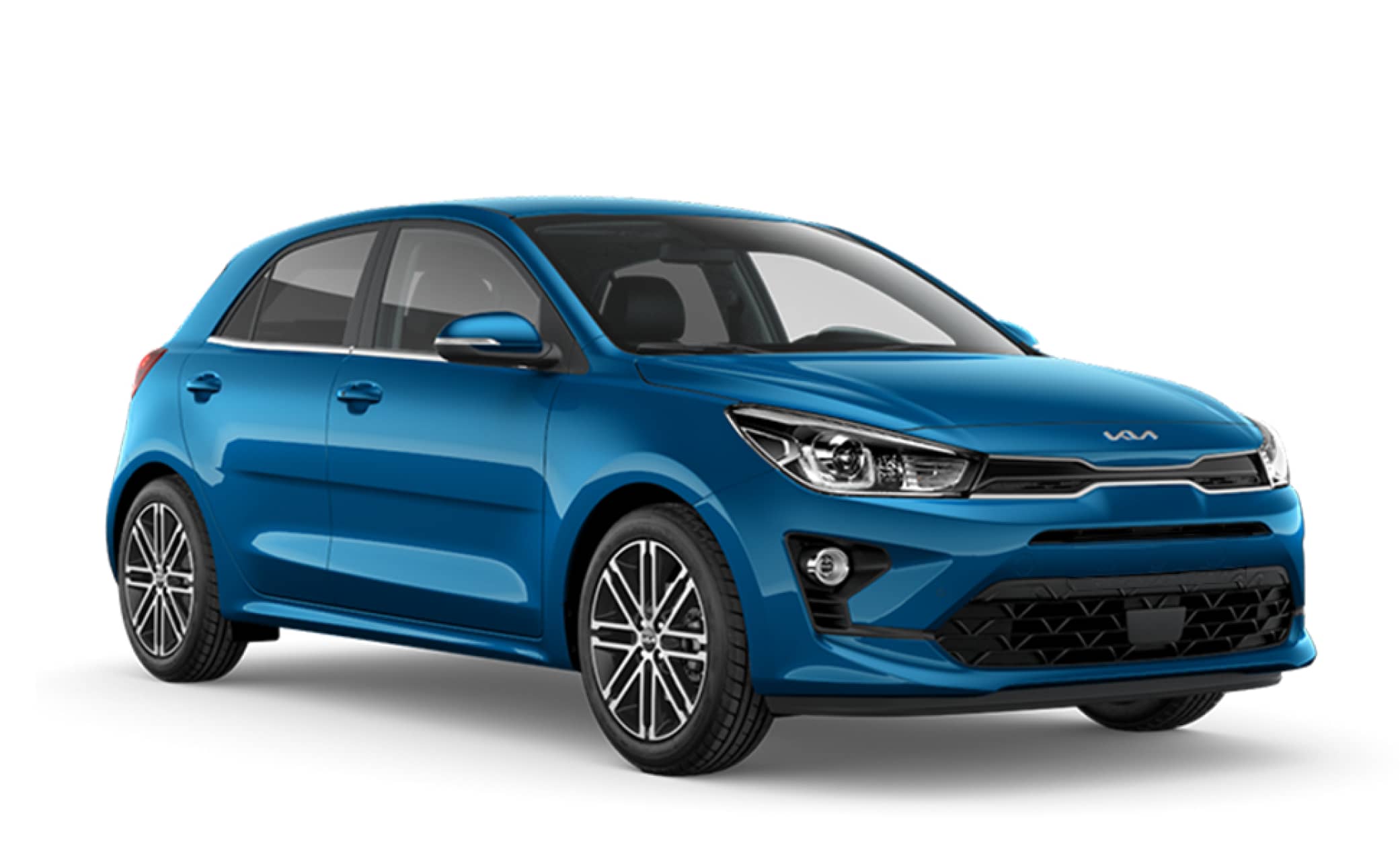 Kia Rio blu con cambio manuale, GPS, retrocamera e spazio per 5 passeggeri e 2 bagagli, ideale per i viaggi su strada in Islanda.