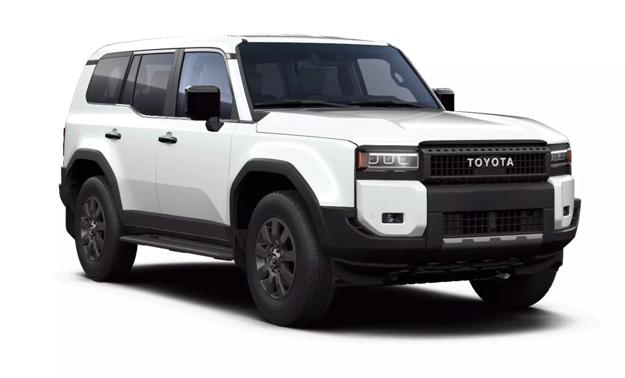 Toyota Land Cruiser 250 bianco, SUV 4x4 con cambio automatico, 7 posti, caricatore USB, Bluetooth e sedili riscaldati; perfetto per le avventure fuoristrada in Islanda.