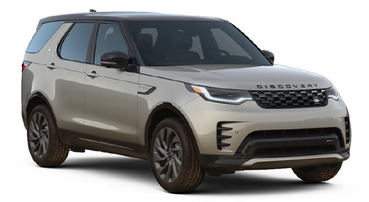 Land Rover Discovery 5 argento, SUV 4x4 con cambio automatico, 5 posti, GPS, retrocamera, caricatore USB, Bluetooth e sedili riscaldati; ideale per viaggiare in Islanda.
